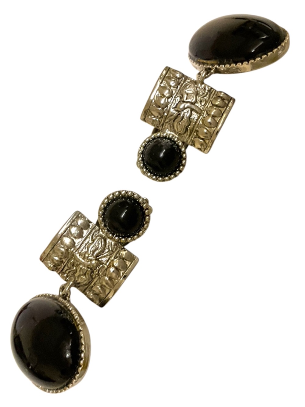 Vintage Black Cabochon Clip On Earrings Silver Tone Ornate Dangle Gothic Baroque - Picture 2 of 7